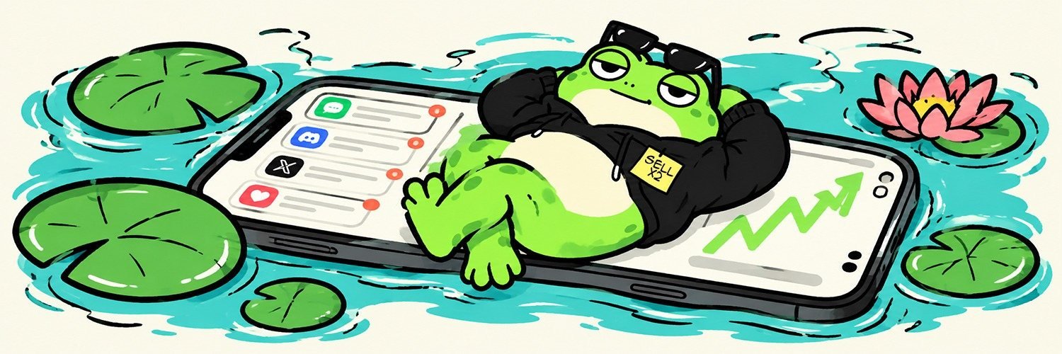 Frogor in a black hoodie lounging on a smartphone floating in a pond, ignoring a stack of notifications